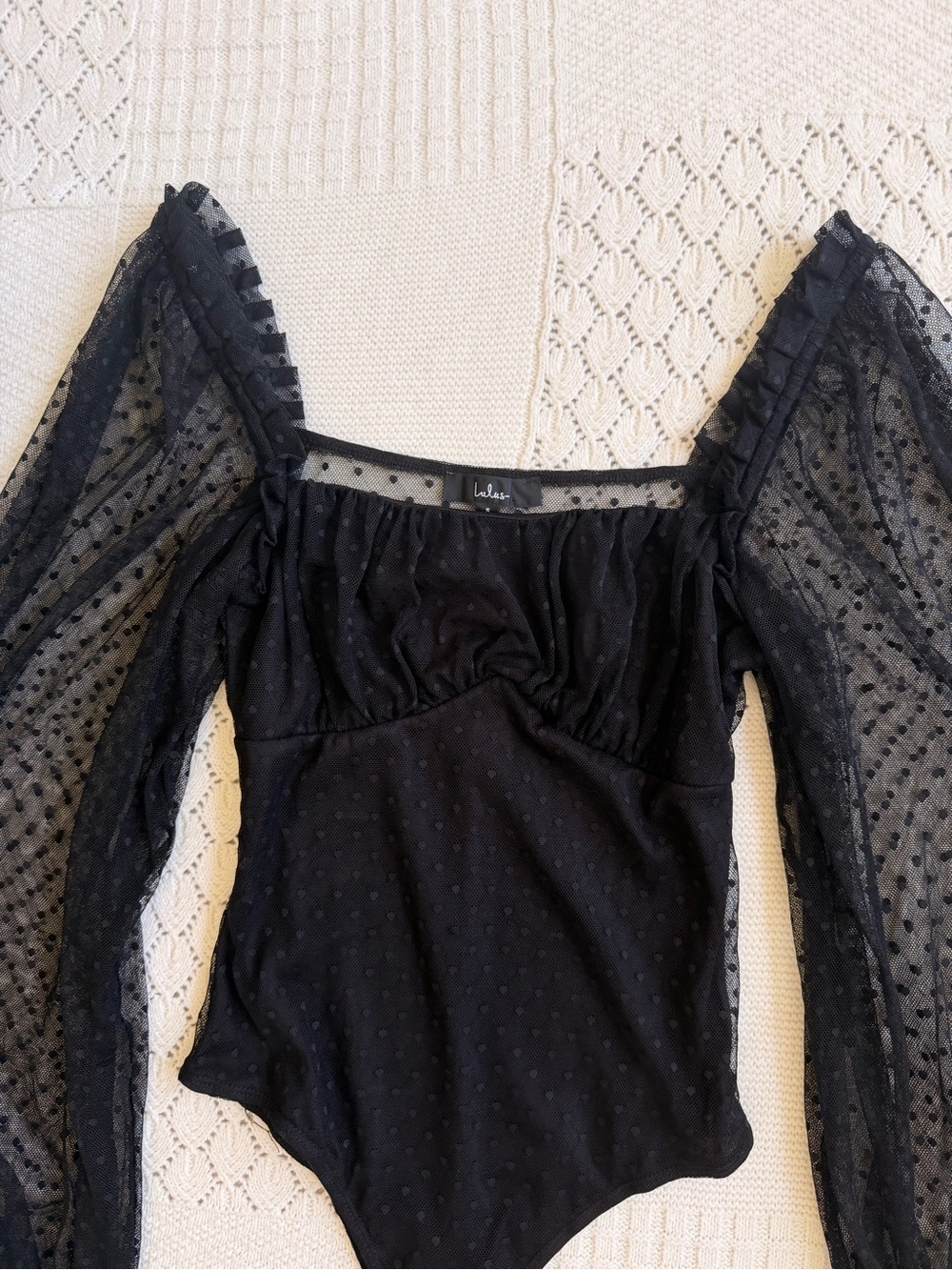 Lulus Call the Dots Black Dotted Mesh Long Sleeve Bodysuit - Picture 4 of 8